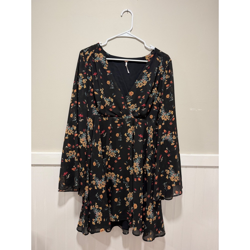Free People Flowy Boho Mini Dress V-neck Semi-Sheer Sleeves Floral Women Sz L